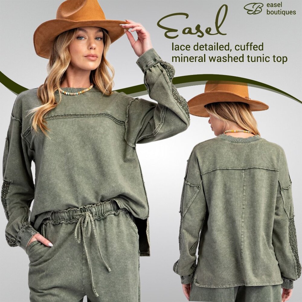 EASEL Lace Detail Terry Knit Cotton Mineral Wash Raw Seams Side Slits Curved Hem